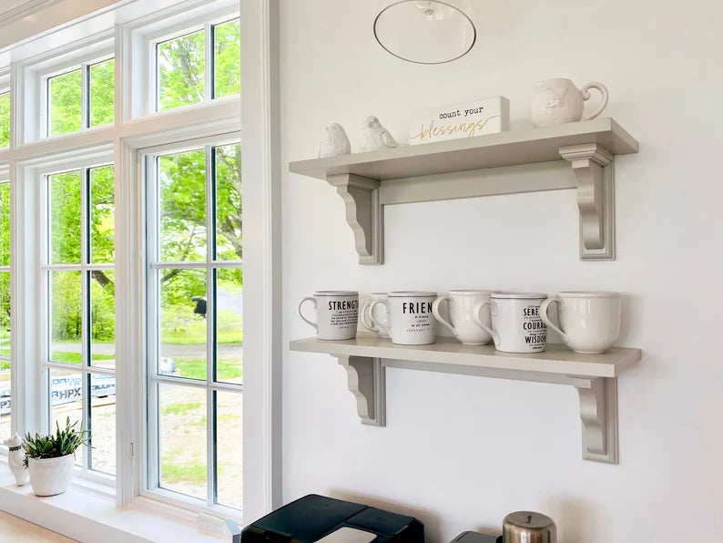 Farmhouse kitchen shelf | with wide brackets | Open shelving | Farmhouse Shelves | with chunky wood corbels | With Back Support
