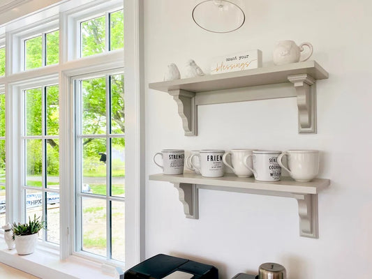 Farmhouse kitchen shelf | with wide brackets | Open shelving | Farmhouse Shelves | with chunky wood corbels | With Back Support