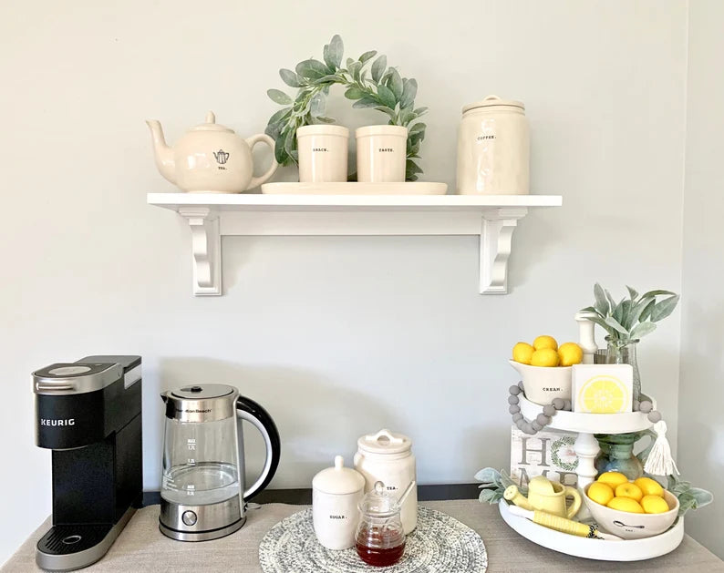 Farmhouse kitchen shelf | with wide brackets | Open shelving | Farmhouse Shelves | with chunky wood corbels | With Back Support
