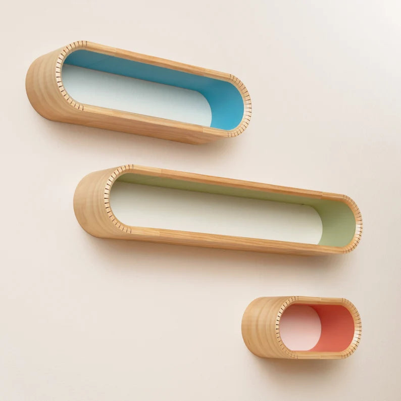 Colorful Oval Mid Century Modern Floating Shelves | Decorative Wall Shelf | Floating Bookshelf | Accent Wall Shelving | MCM Floating Shelf