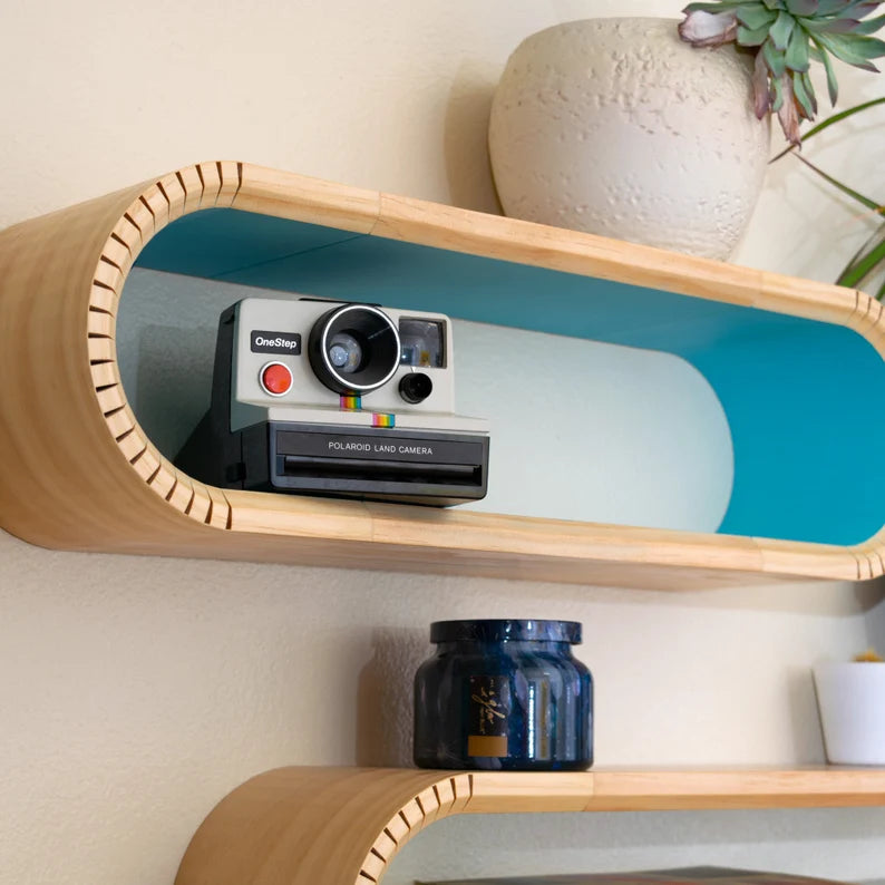 Colorful Oval Mid Century Modern Floating Shelves | Decorative Wall Shelf | Floating Bookshelf | Accent Wall Shelving | MCM Floating Shelf
