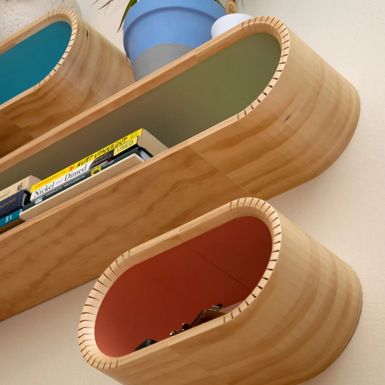 Colorful Oval Mid Century Modern Floating Shelves | Decorative Wall Shelf | Floating Bookshelf | Accent Wall Shelving | MCM Floating Shelf