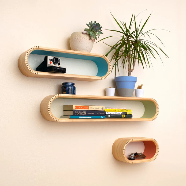 Colorful Oval Mid Century Modern Floating Shelves | Decorative Wall Shelf | Floating Bookshelf | Accent Wall Shelving | MCM Floating Shelf