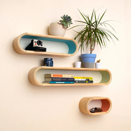Colorful Oval Mid Century Modern Floating Shelves | Decorative Wall Shelf | Floating Bookshelf | Accent Wall Shelving | MCM Floating Shelf